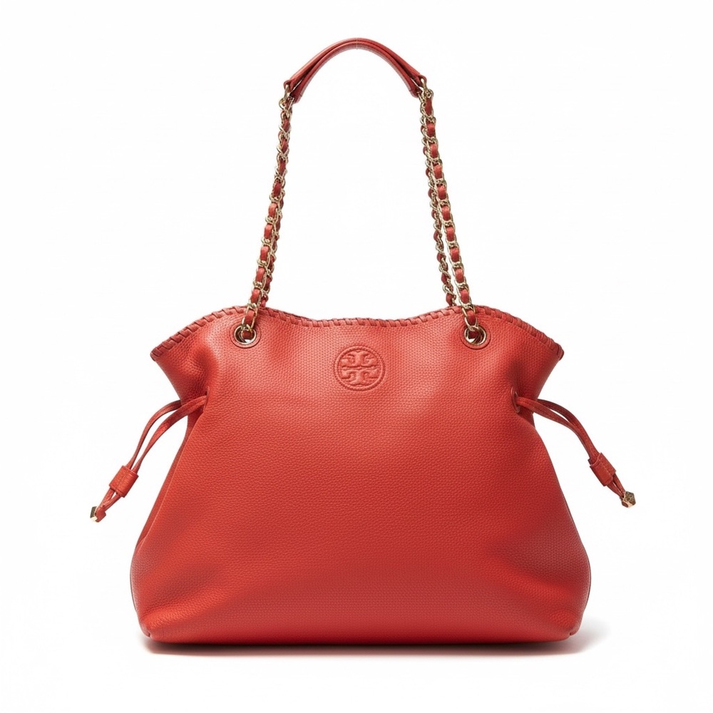 Tory Burch Marion Red Pebbled Leather Whipstitch Chain Tote Shoulder Bag
